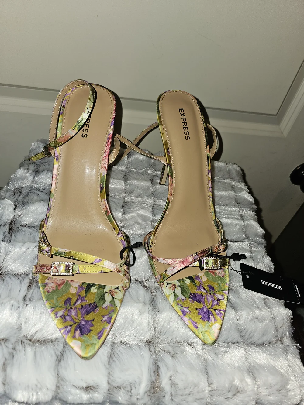 Express Floral Pointed Toe Strappy Heels in Yellow and Purple - Picture 1 of 4